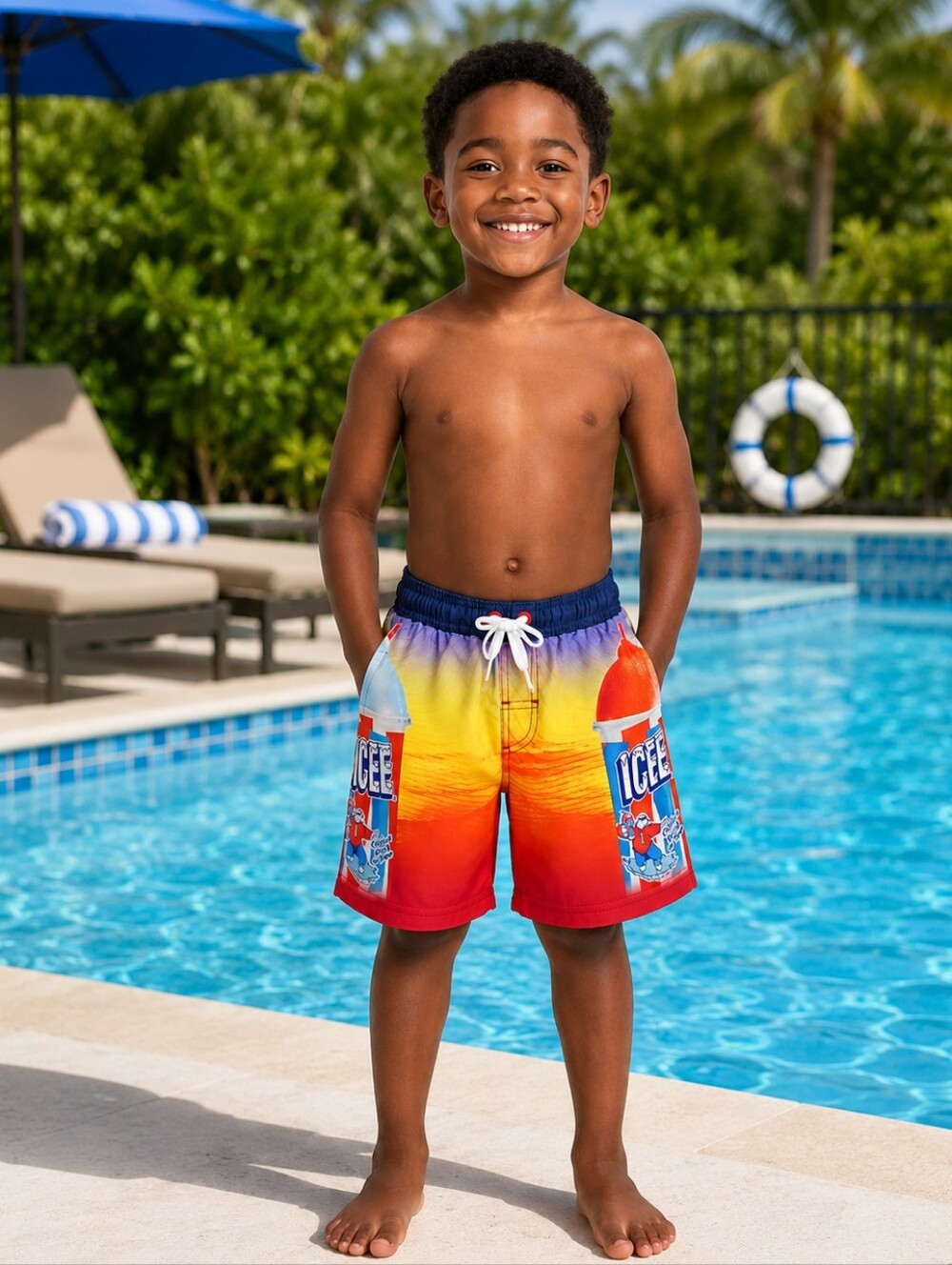 ICEE Boys Gradient Swim Shorts - Red Yellow Blue SIZE 4-5 NWT
